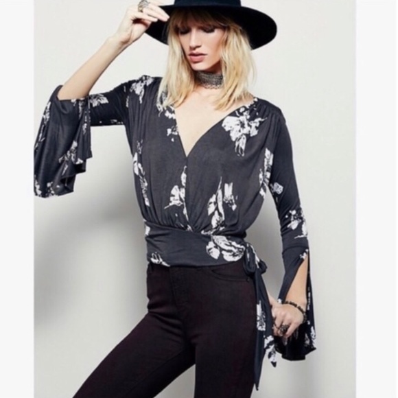 Free People Tops - FREE PEOPLE Black Fiona Bell Sleeve Wrap Top S NWT